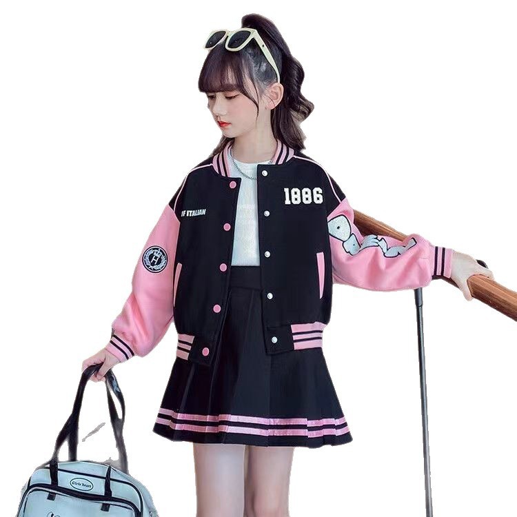 女童jk棒球服套装2025春秋新款洋气时髦女大童学院风百褶裙两件套|undefined
