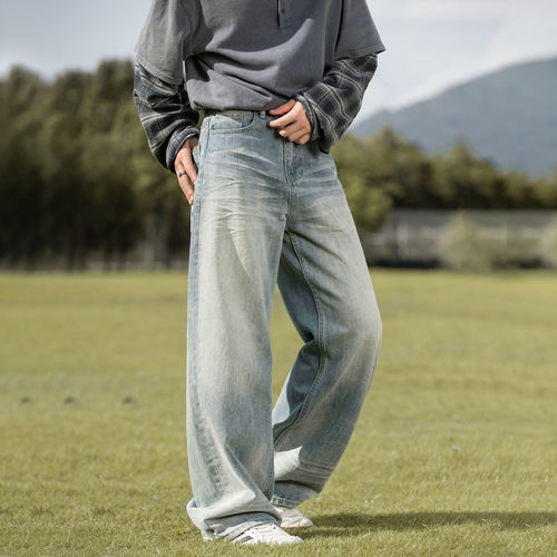 3D Cat Ear Distressed Washed Denim Pants Men's Autumn New High Street Retro Straight Leg Trousers Trendy Brand Loose Long Pants