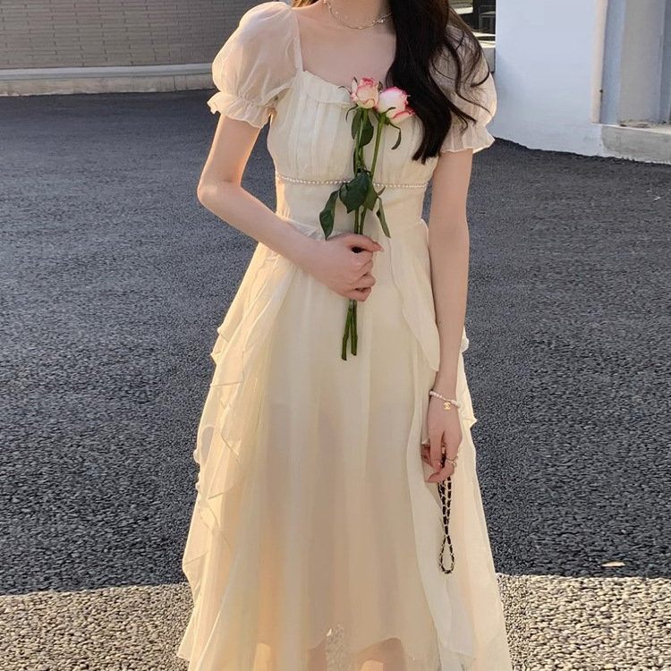 法式方领甜美温柔仙女风连衣裙女夏季新款女装收腰显瘦中长款裙子|undefined
