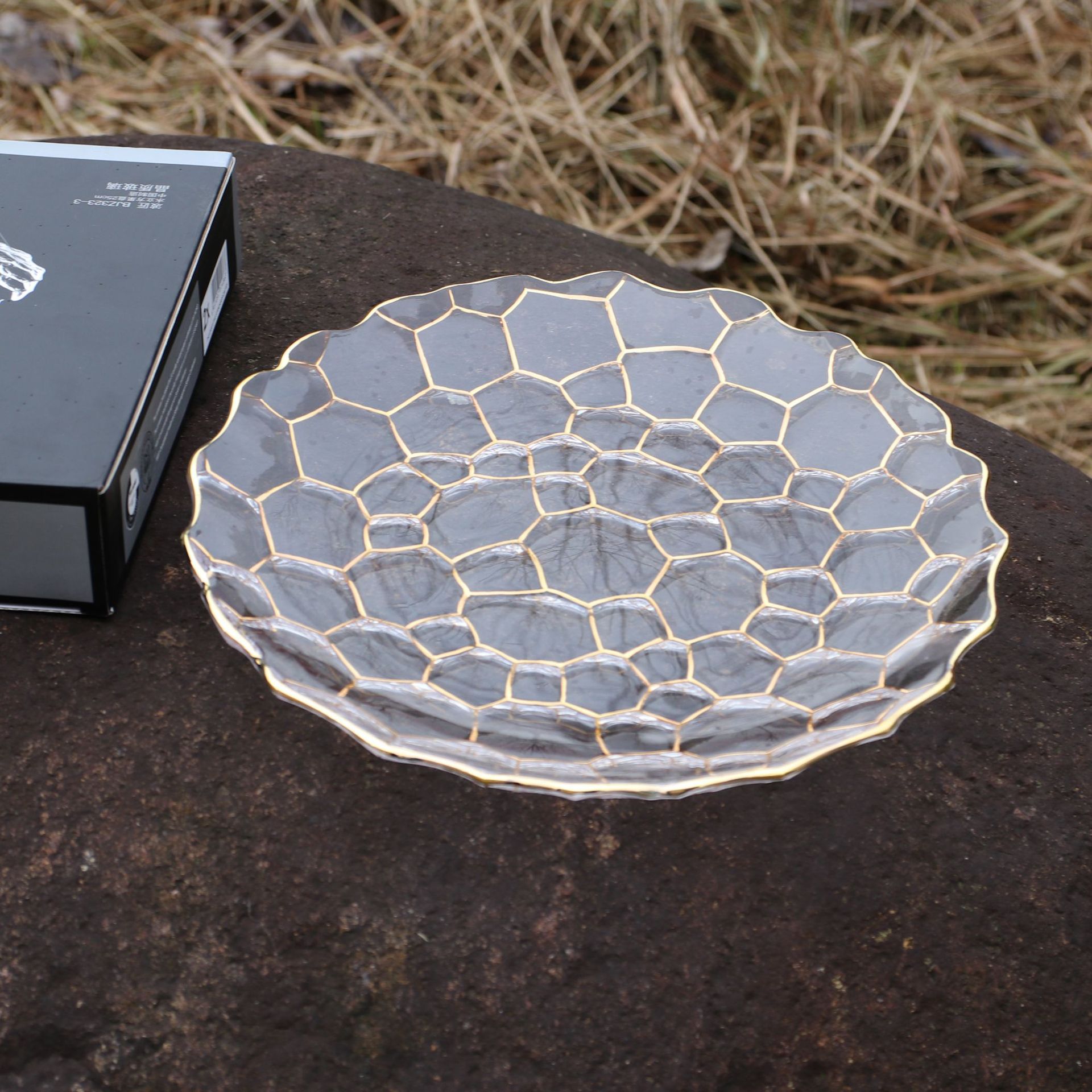 水立方蜂巢創意描金水晶玻璃果盤KTV幹果盤茶幾家用水晶果盤批發