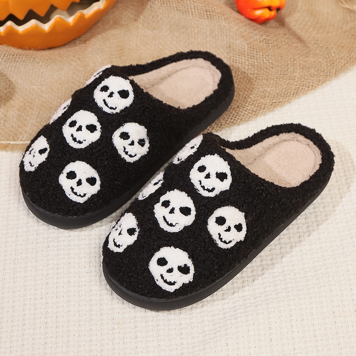 Chaussons en coton pour couple hommes et femmes, citrouille d'Halloween, automne et hiver, livraison à domicile_voghion.com