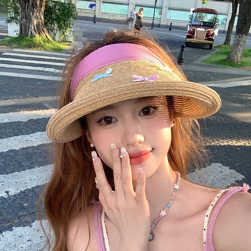 Colorful butterfly knot sun hat with large brim beach vacation sweet girl open-top hat grass-woven sun protection commuting sun hat