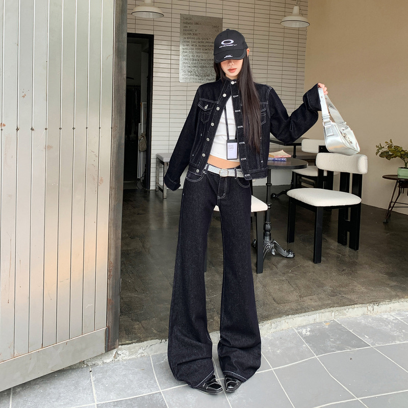 【Jinyin】American Retro Embroidered Stand Collar Straight Shoulder Waist-Cinching Jacket and Low-Waist Flared Jeans Denim Suit for Women