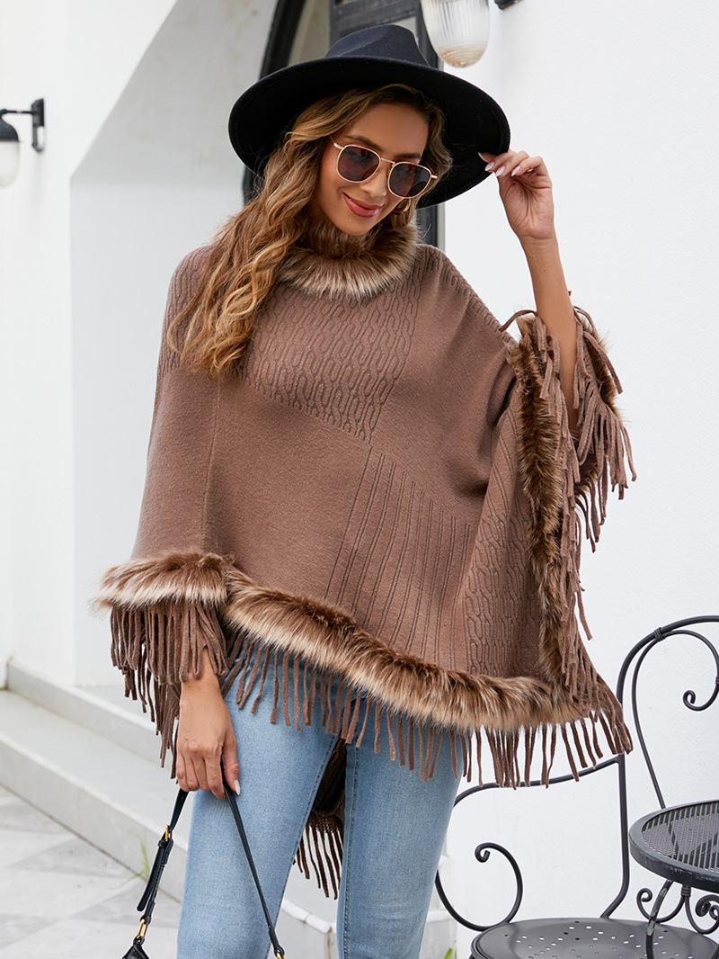 Knitted tassel cape women's solid color pullover loose shawl coat_voghion.com