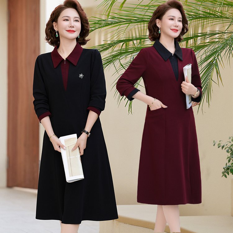 中年妈妈秋装连衣裙中长款阔太太裙子50岁中老年女秋季长袖打底裙|undefined