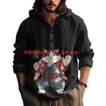 -伊夏服饰欧美跨境新品男士短袖印花衬衫D印花开门襟连帽衬衫夏