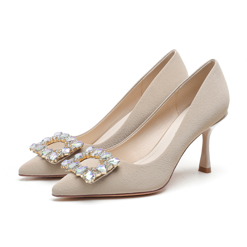 Crystal Square Button Low Heel Shoes Korean Version New Versatile High Heel Shoes Thin Heel Soft Leather French Wedding Shoes for Women_voghion.com