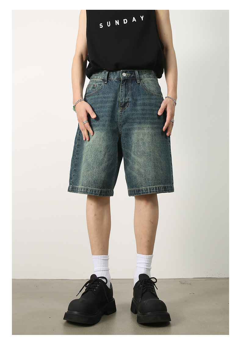 Men's Summer Retro Distressed Blue Denim Shorts Loose Straight Versatile Hot Pants Trendy American Style_mkmklike.com