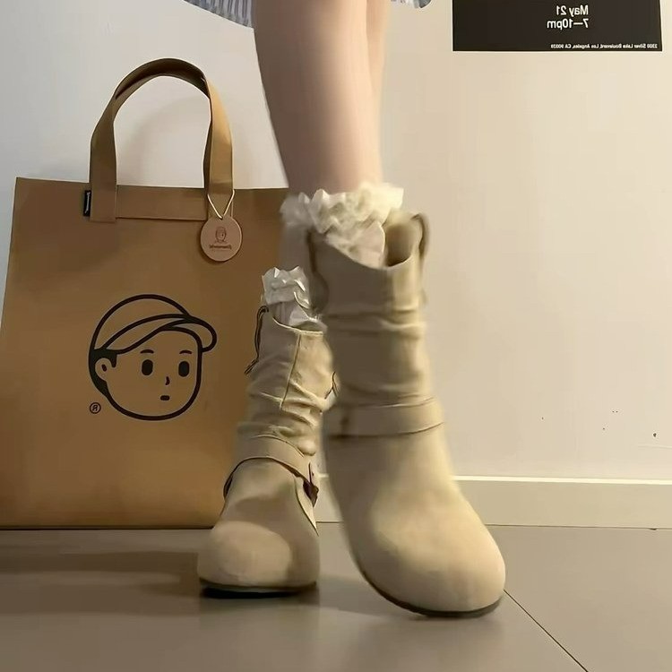 现货版~平底内增高褶皱堆堆靴女2025秋冬新款勃肯短靴西部骑士靴|undefined