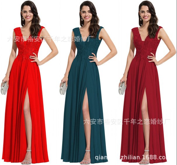 Women's V-neck bridesmaid dress lace applique A- line chiffon dress long formal dress high waist slit slimming gown