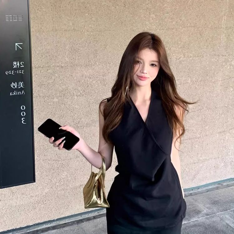简约无褶短裙背心荡领上衣设计感小众两件套女夏新款韩系休闲套装|undefined