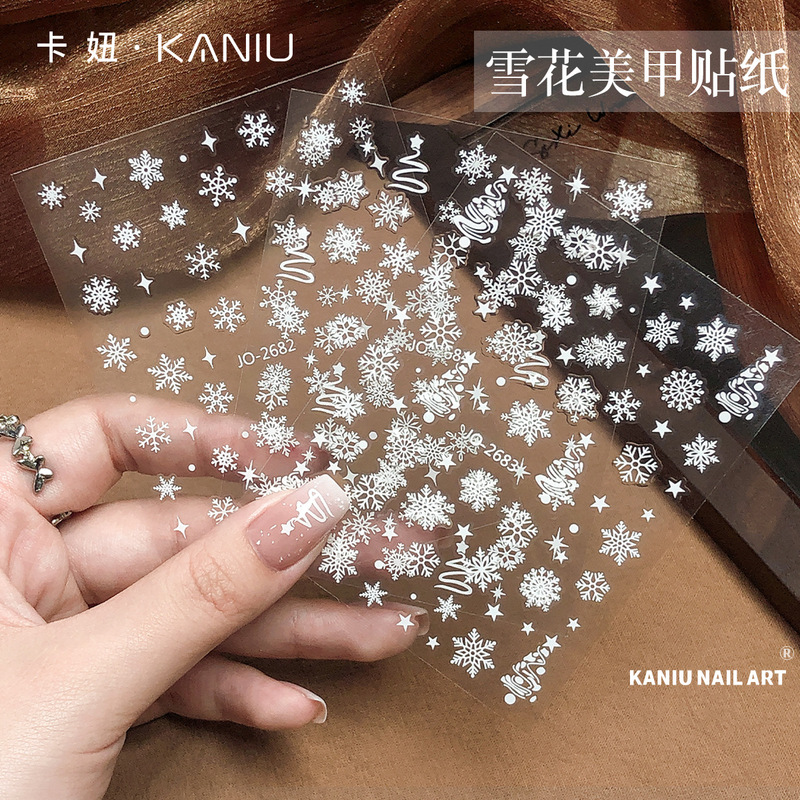White Christmas Snowflake Nail Art Stickers 2026 New 3D Stereo Embossed Thin and Flexible Nail Decoration Stickers
