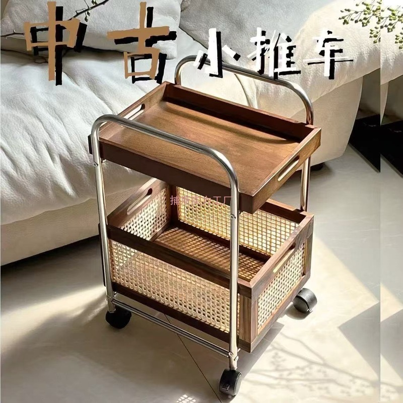 小红书落地四轮不锈钢家居置物架中古风推车移动茶几收纳架ins|undefined