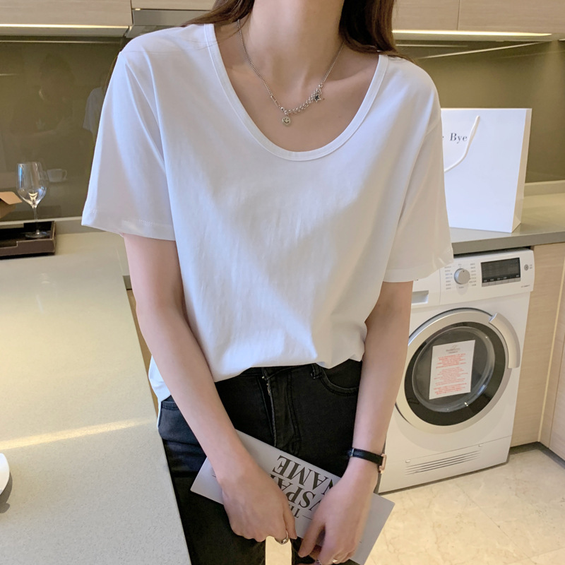 Large Neck Short-sleeved Solid Color T-shirt Women's Loose U-collar Shunt Collarbone Slimming Sexy Casual Trendy Clothes for Niche