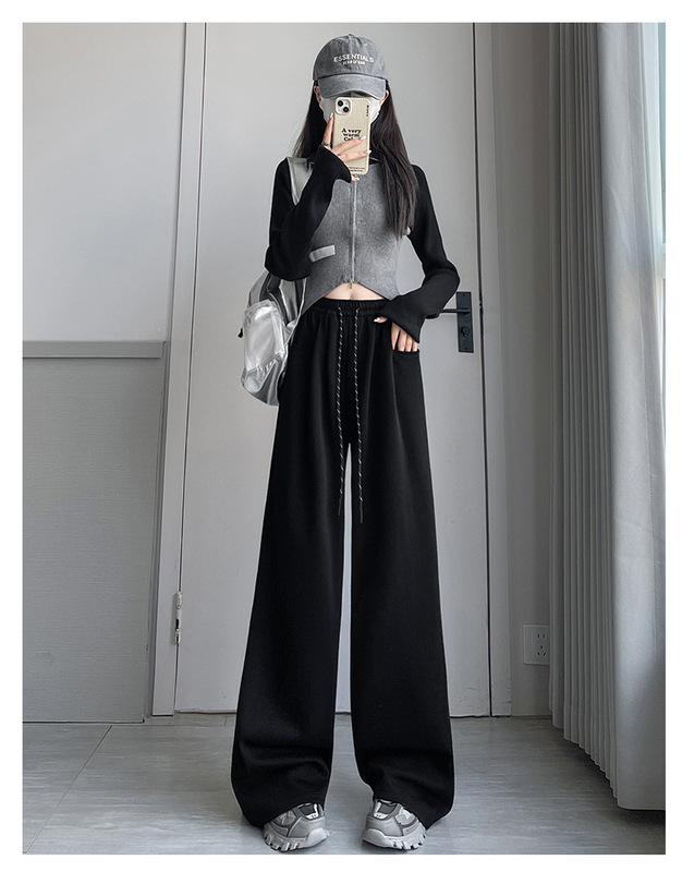 灰色美式运动裤女秋季2025新款高腰垂感阔腿宽松直筒休闲卫裤潮|undefined