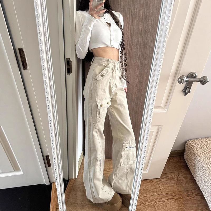 美式水洗杏色拉链设计感牛仔裤女春季宽松阔腿休闲工装直筒长裤潮|undefined