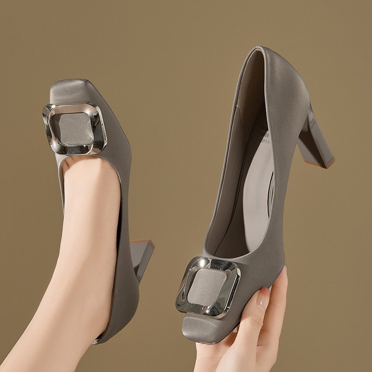 In-stock, Available Dropshipping~ Gray High-heeled For Women, Elegant And Comfortable, Square-toed Leather With Chunky_vogvips.com