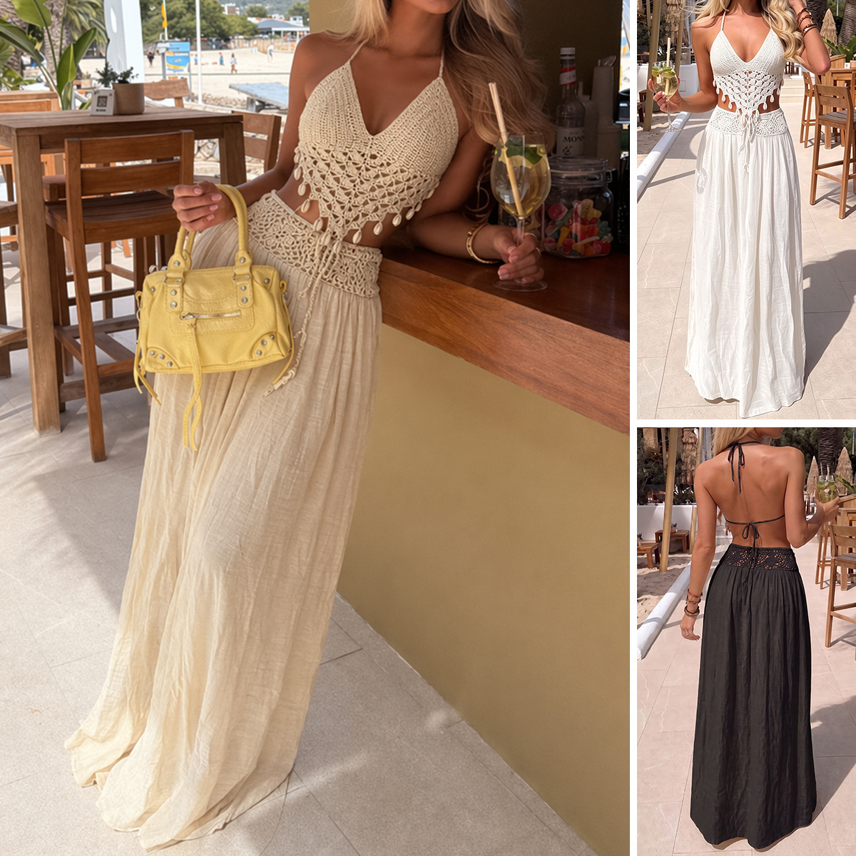 Cross-border European and American hand-crocheted patchwork skirt, V-neck pure hand-crocheted shell top, hollow-out sexy seaside halter-neck set