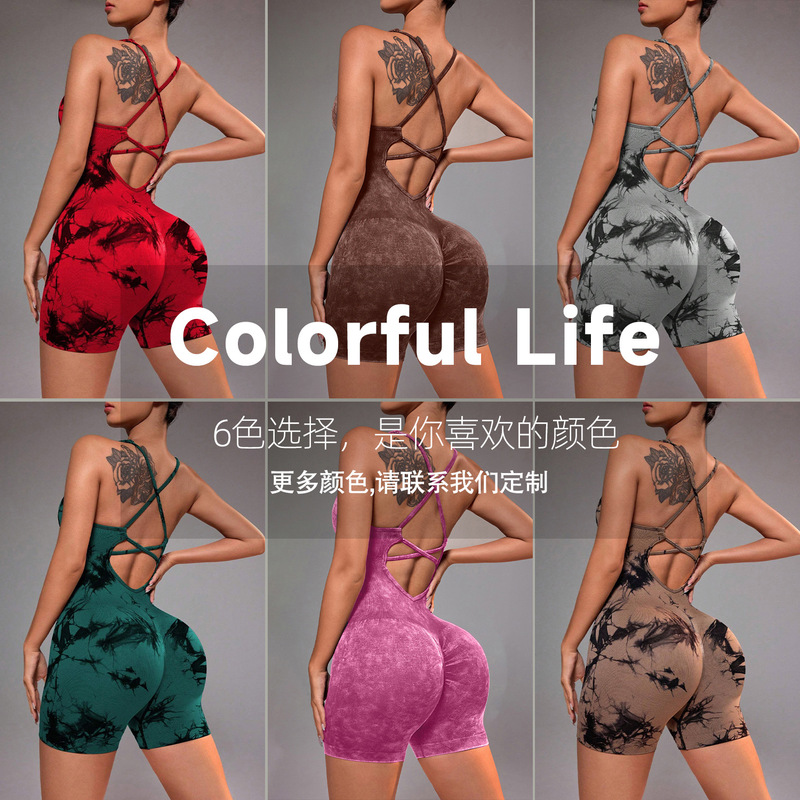 European and American Seamless Tie-Dye One-Piece Yoga Clothing Beauty Back One-piece Peach Hip Sports Elastic High Waist Hip-lifting Fitness Clothing
