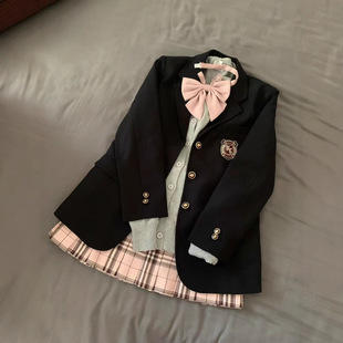 Korean Style College Style JK Uniform Loose Knitted Cardigan Blazer High Waist Plaid Pleated Skirt suit Women