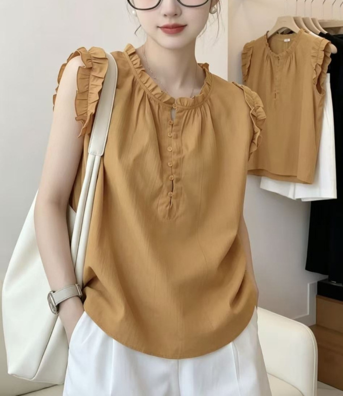French-Style Ruffled Sleeveless Blouse for Women, High-End Luxury, Youthful and Stylish, 2026 New Summer Model with Small Flutter Sleeves French-Style Ruffled Sleeveless Blouse for Women, High-End Luxury, Youthful and Stylish, 2026 New Summer Model with Small Flutter Sleeves
