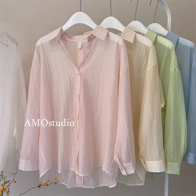 Pink Women's Sun Protection Loose Summer Shirt Long-Sleeved Cardigan with Slit on the Back and Lace-Up Semi-Transparent Chiffon Thin Shirt