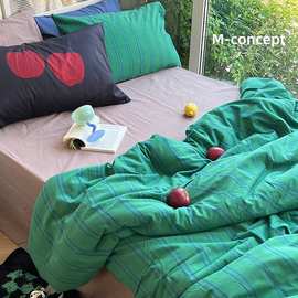 【森林】春夏四件套棉水洗棉复古条纹床单被套床笠款g^