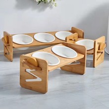 竹木猫食架陶瓷碗双碗猫粮零食碗狗碗宠物喂食器竹木碗架零食碗
