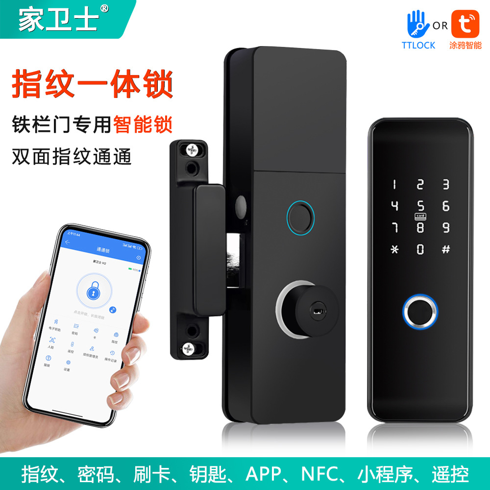 新加坡马亚西亚铁花门专用智能锁涂鸦双面指纹锁栅栏门通通智能锁