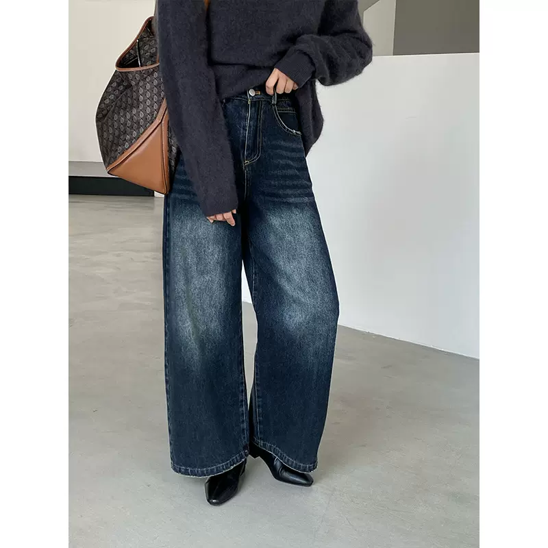 【福利款 不退换】江左 美式复古高腰阔腿牛仔裤水洗直筒长裤6366