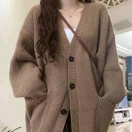 韩版V领慵懒风开衫2026新款日系简约毛衣女春秋冬休闲宽松针织衫