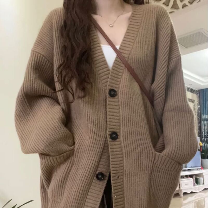 Korean Style V-Neck Lazy Style Cardigan 2026 New Japanese Style Simple Sweater for Women Spring Autumn Winter Casual Loose Knitwear