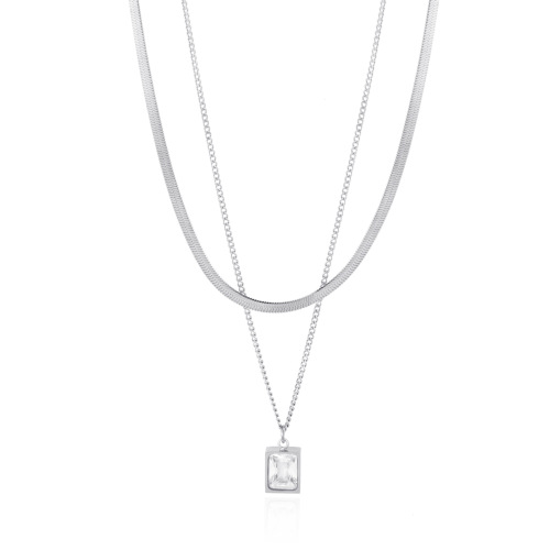 Square diamond pendant necklace, double layered titanium steel plated with 14 gold, simple flat snake chain, fashionable temperament, stainless steel clavicle chain