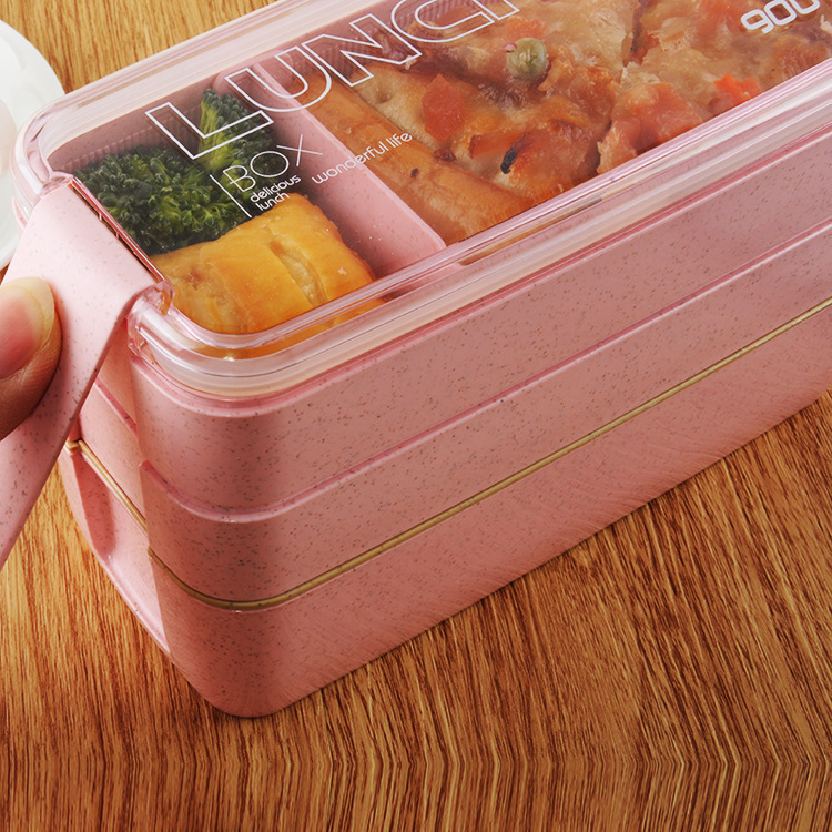 クリエイティブ小麦わら弁当箱オフィスポータブル三層弁当箱学生シール分格角弁当箱|undefined