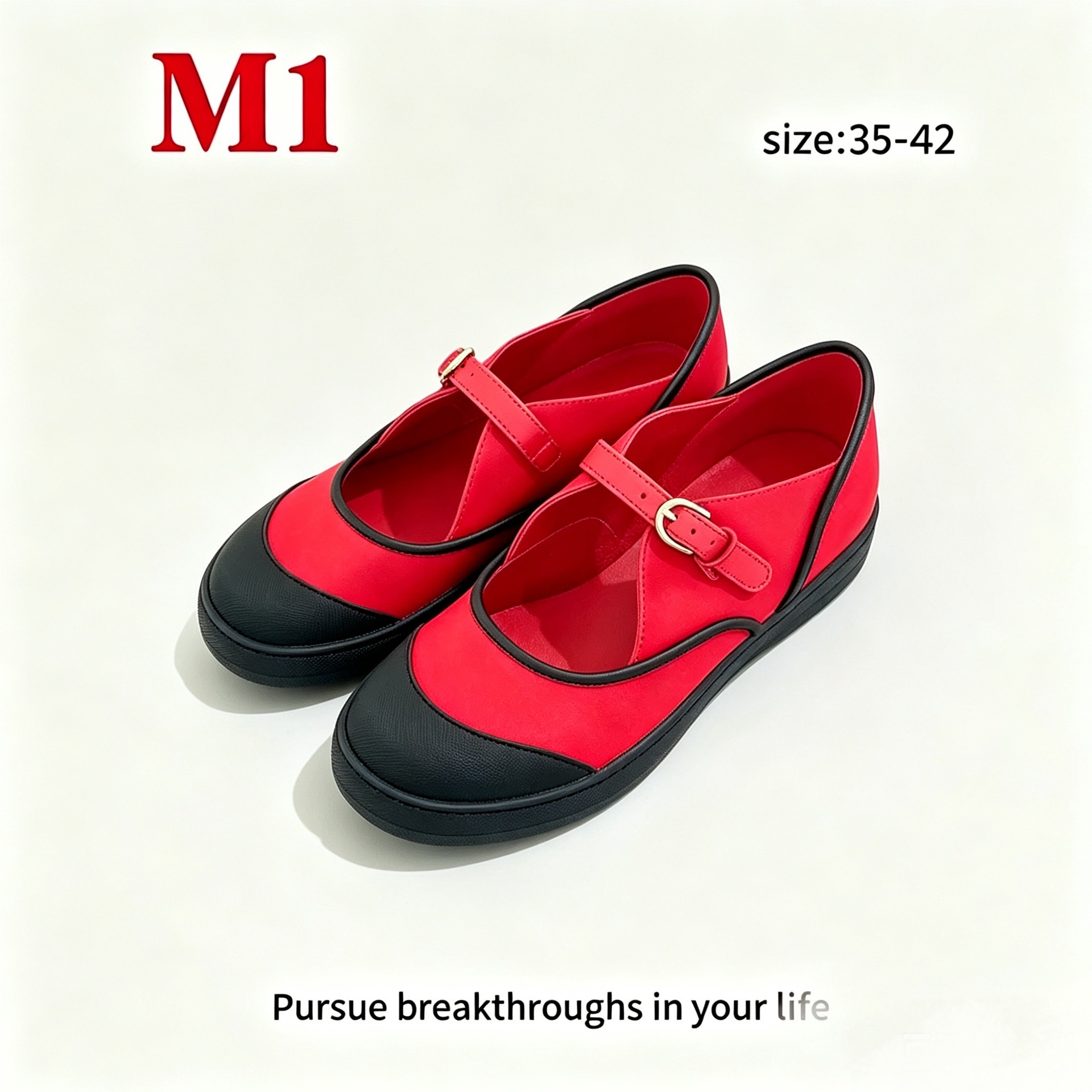 Round-Toe Double C Coco~26M Series Popular Black and Red Color-Blocking Ballet Shoes with Velcro, Versatile Mary Jane Shoes for Women