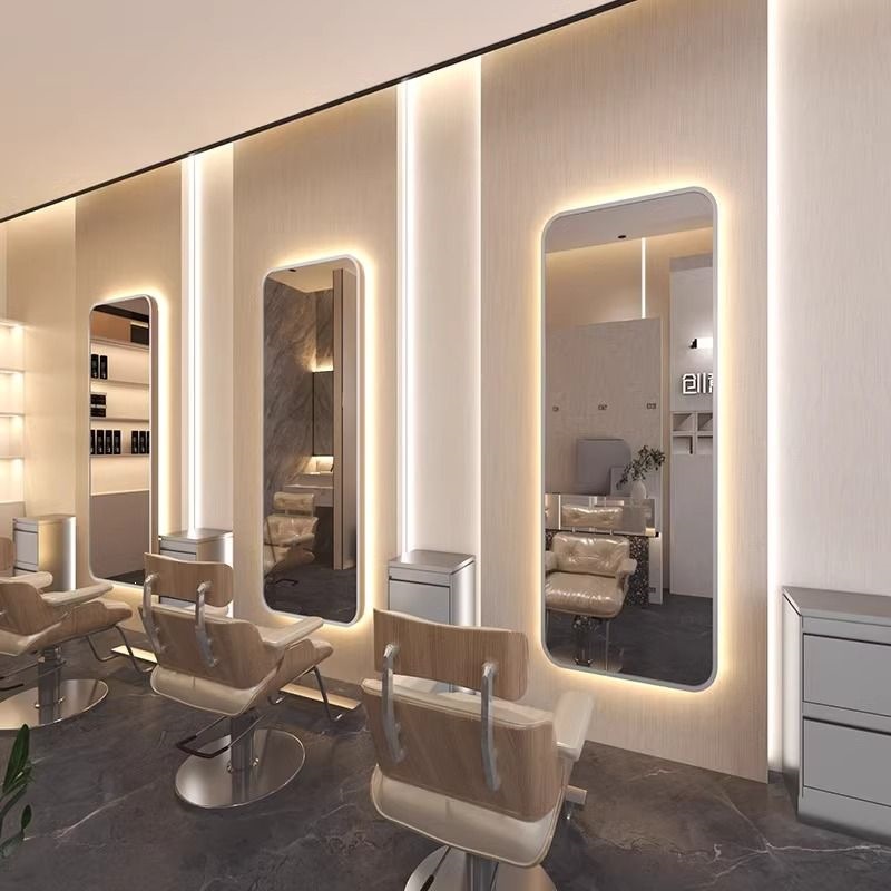 Espejo de peluquería simple, espejo especial para salón de peluquería, espejo de caída geográfica, mesa de peluquería red, lámpara de cinta roja luminosa unilateral, espejo inteligente de pared colgante image 28