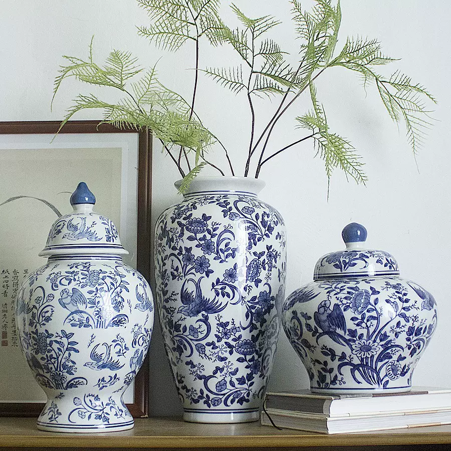 中式花瓶陶瓷摆件客厅插花瓶青花瓷供佛将军罐景德镇瓷瓶装饰品
