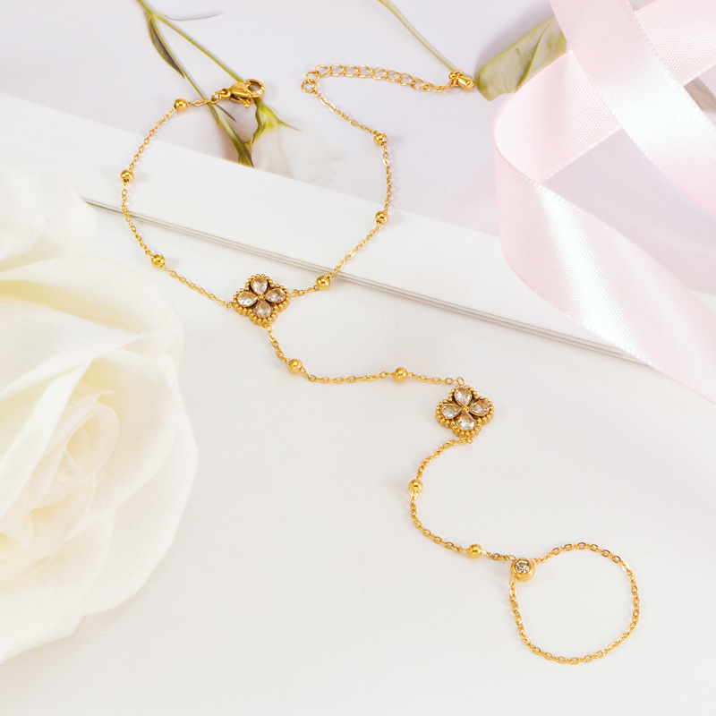 Korean-Style Four-Petal Zircon Flower Bracelet with Finger Ring, High-End Luxury Wrist Chain, Birthday Gift for Women, in Stock