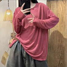 圆领套头宽松薄款长袖春季新款文艺范复古风女式做旧百搭棉打底衫
