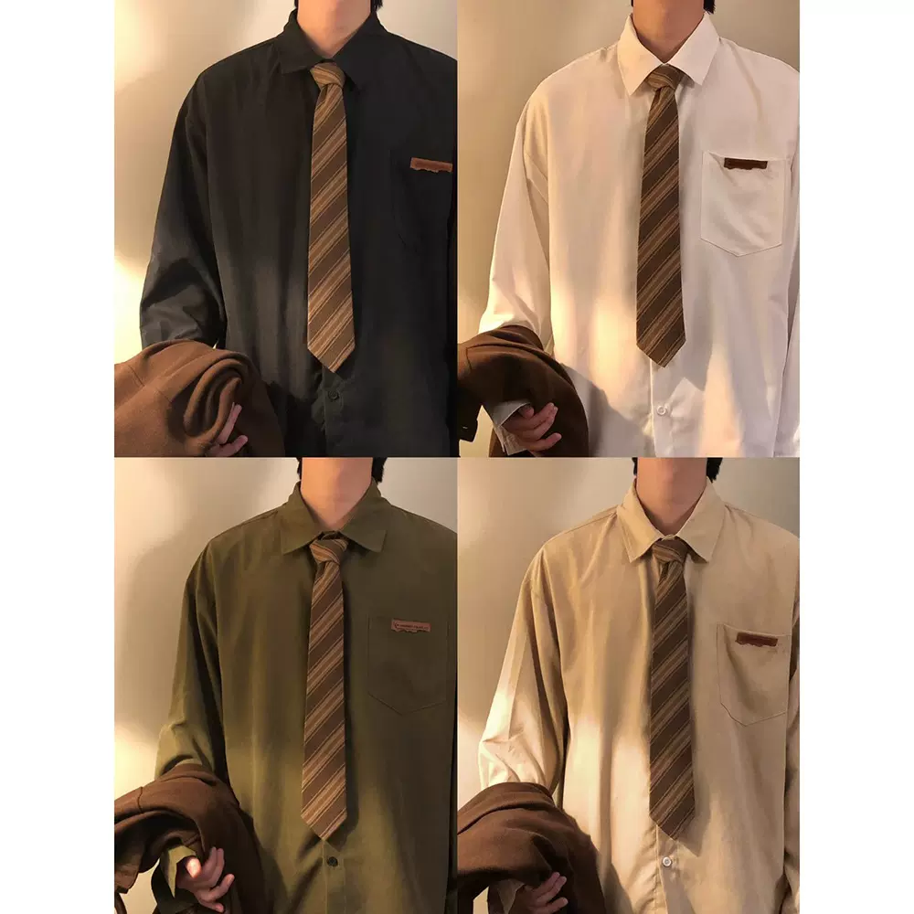 日系复古学院风纯色长袖衬衫男2025春秋新款休闲百搭叠穿内搭上衣