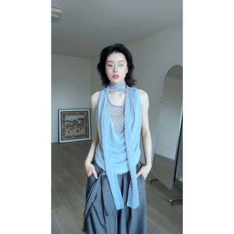 拼接假两件t恤女夏季格纹辣妹纯欲上衣长裤时尚套装|undefined