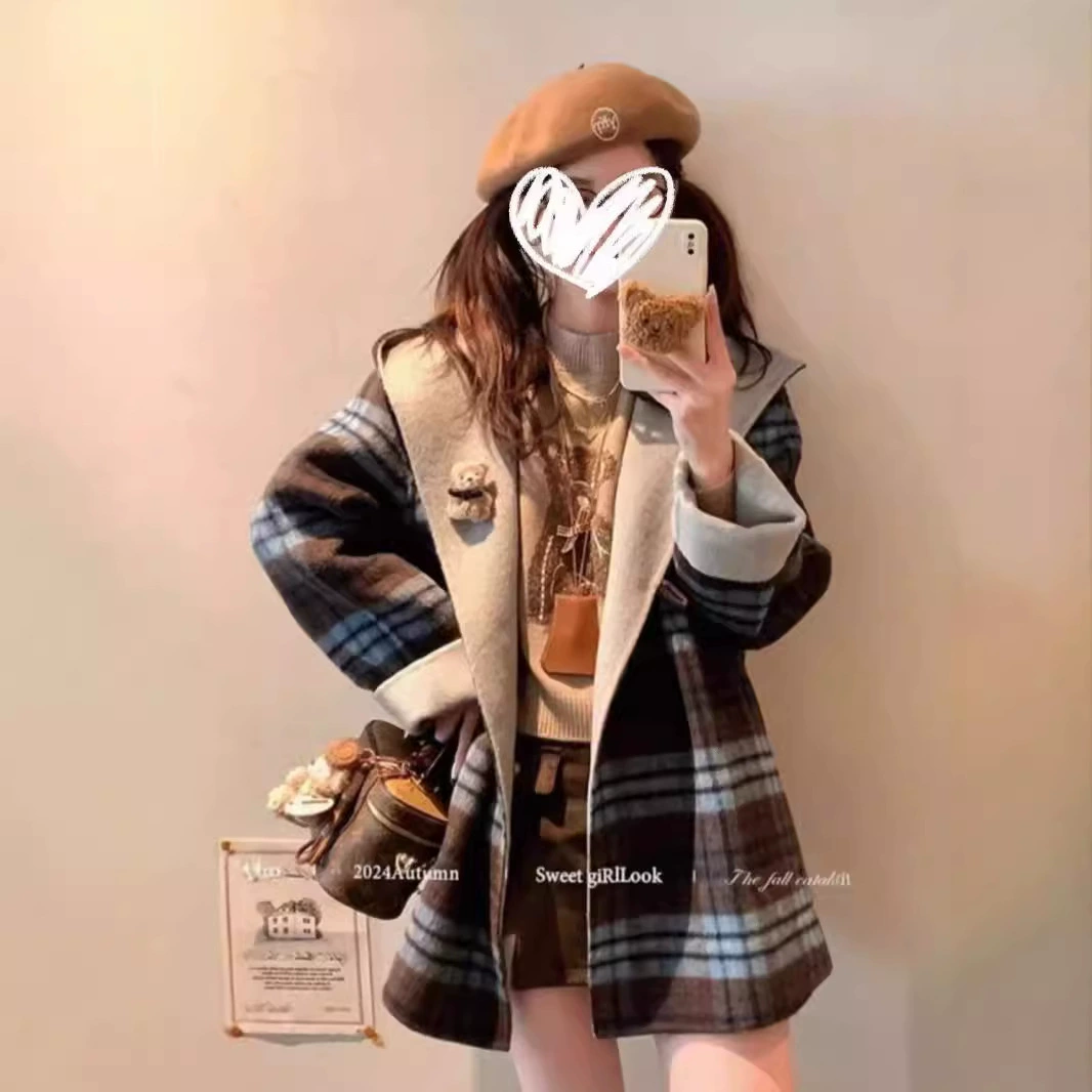 Осенний и зимний новый клетчатый сшитый двухсторонний пальто свободная двубортная шерстяная куртка Saturn женский топ высокого уровня