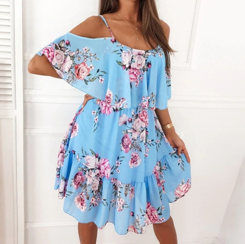 suspender high waist off-shoulder  flower print chiffon dress NSFH134162