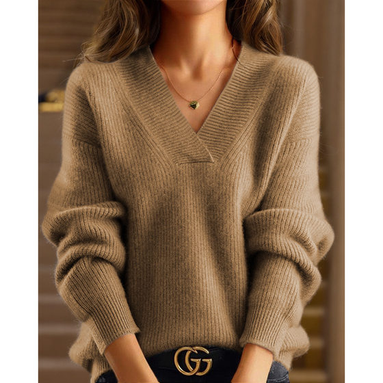 Foreign Trade Women's 2024 Autumn and Winter New Women's V-neck Solid Color Knitted Shirt Top Multicolor Base Shirt Pullover Sweater