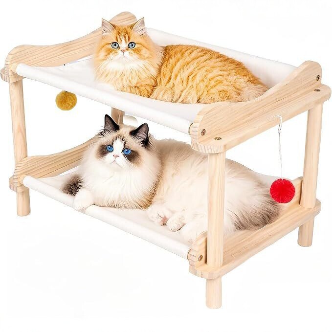 Solid wood double-layer cat bed, suitable for all seasons, breathable hammock-style pet bed, small dog and cat bed with plush ball, customizable
