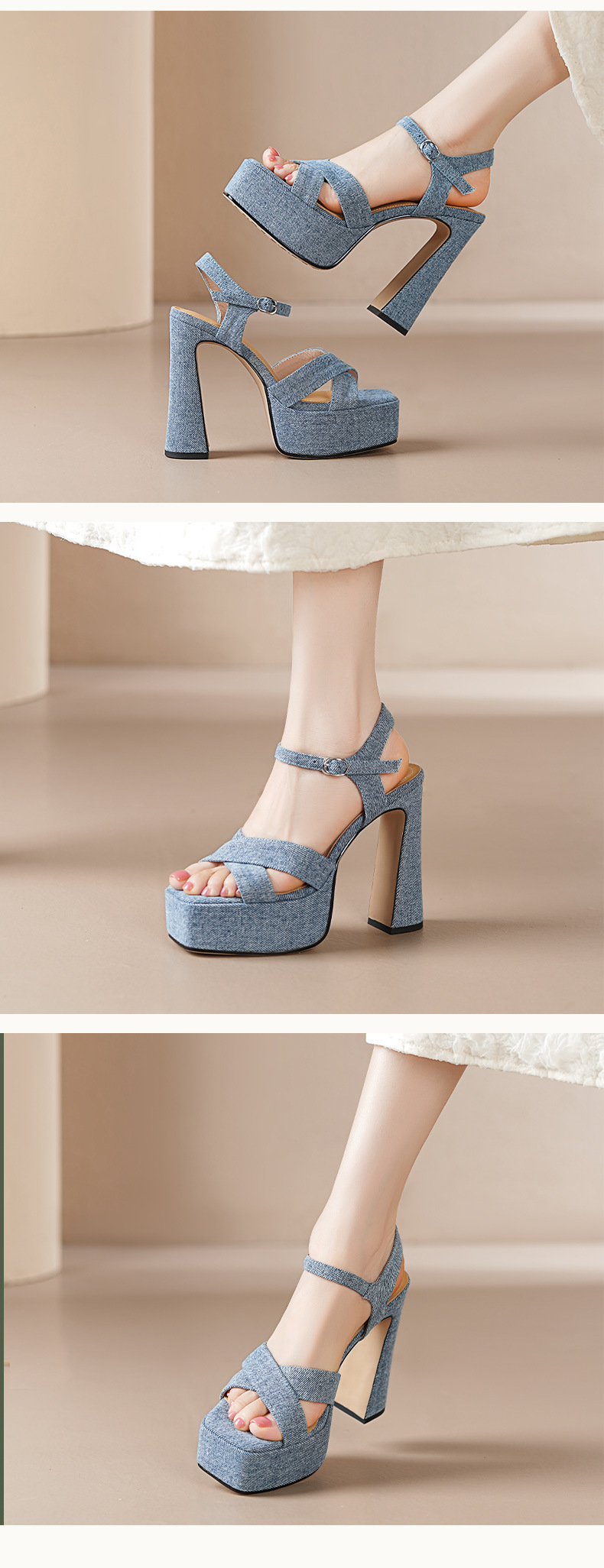 Sandal cao gót denim mũi vuông hở ngón đế dày gót thô — Vải bò màu xanh chi tiết 4