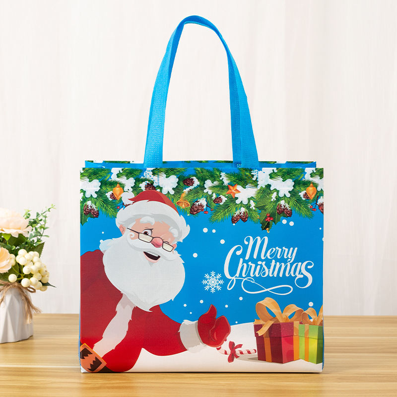 Amazon Christmas Tote Bag Customized Cartoon Santa Claus Snowman Laminated Non-Woven Gift Bag