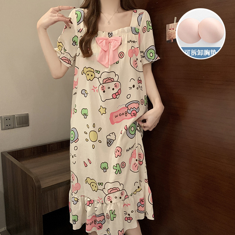 2025 verano nuevo hogar ropa de mangas cortas pijama de niñas cuello cuadrado de encaje dulce nube de algodón cojín de pecho pijama