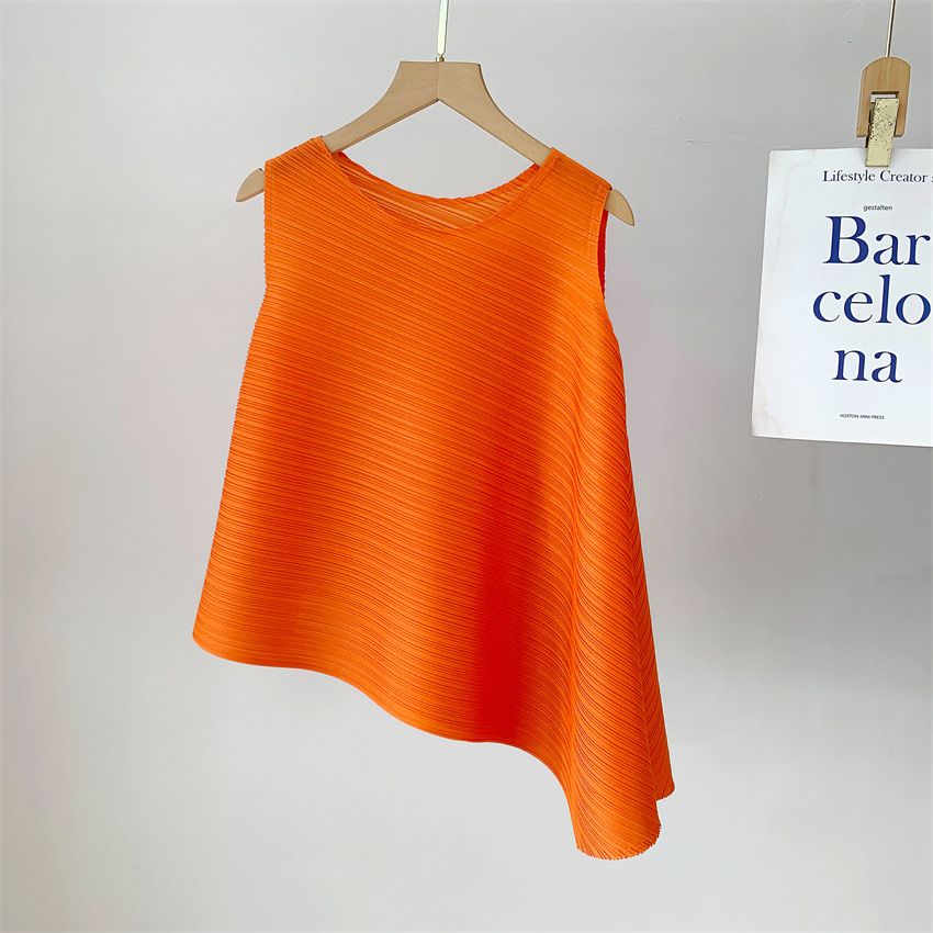 三宅流プリーツトップス レディース イレギュラーTシャツ ラウンドネック ノースリーブ ニッチ 快適 カジュアル ファッション 多用途