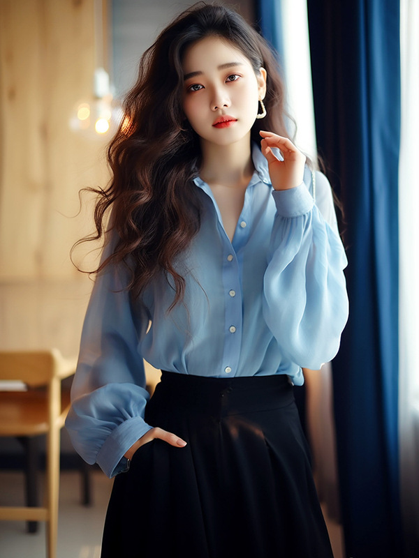 ファッションレトロ気質香港風ブルーシフォン長袖シャツ女性春の新作|undefined